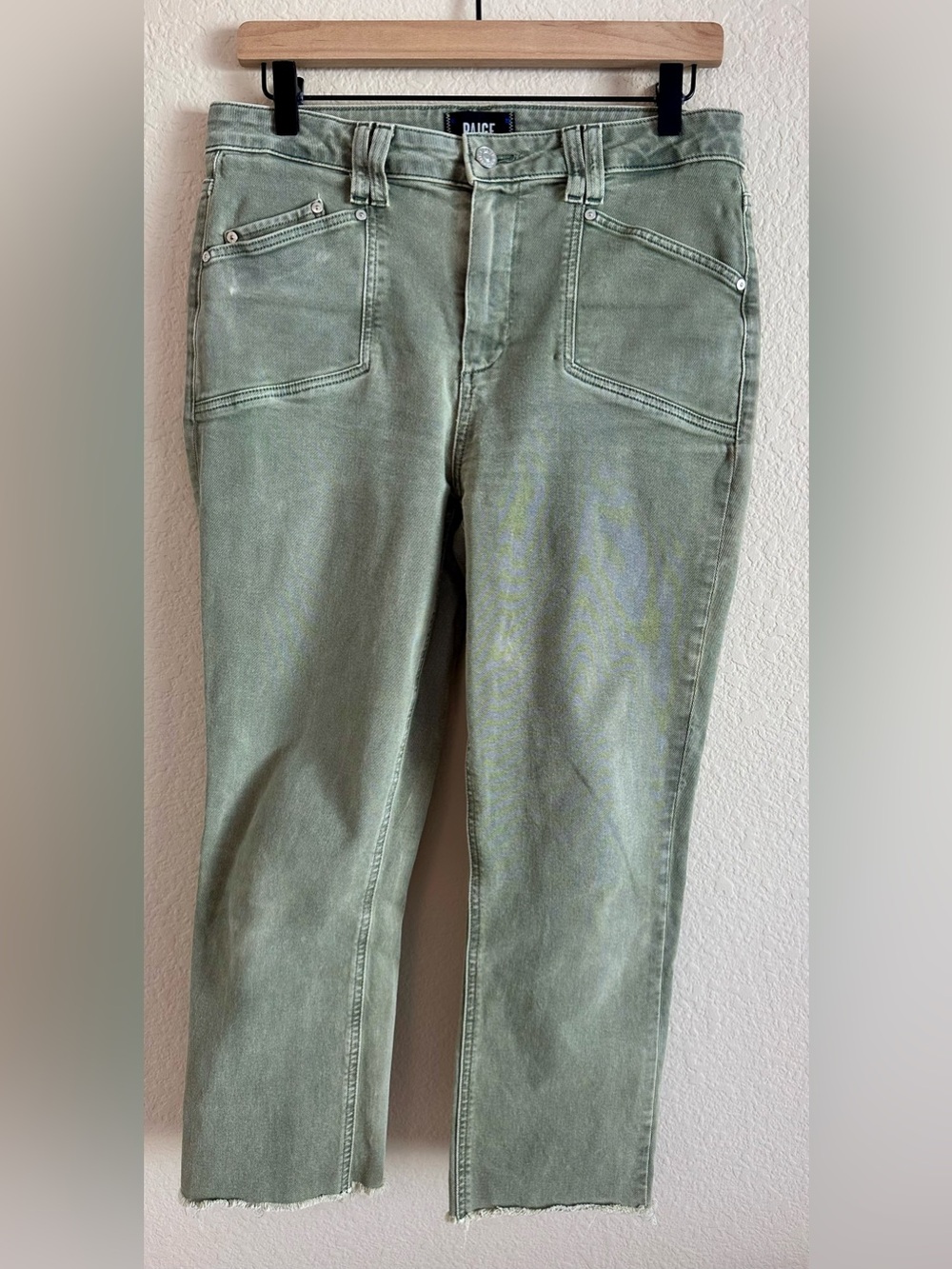 Paige Cindy Straight Leg Denim Pants Womens 30 Moss Green High Rise Patch Pocket